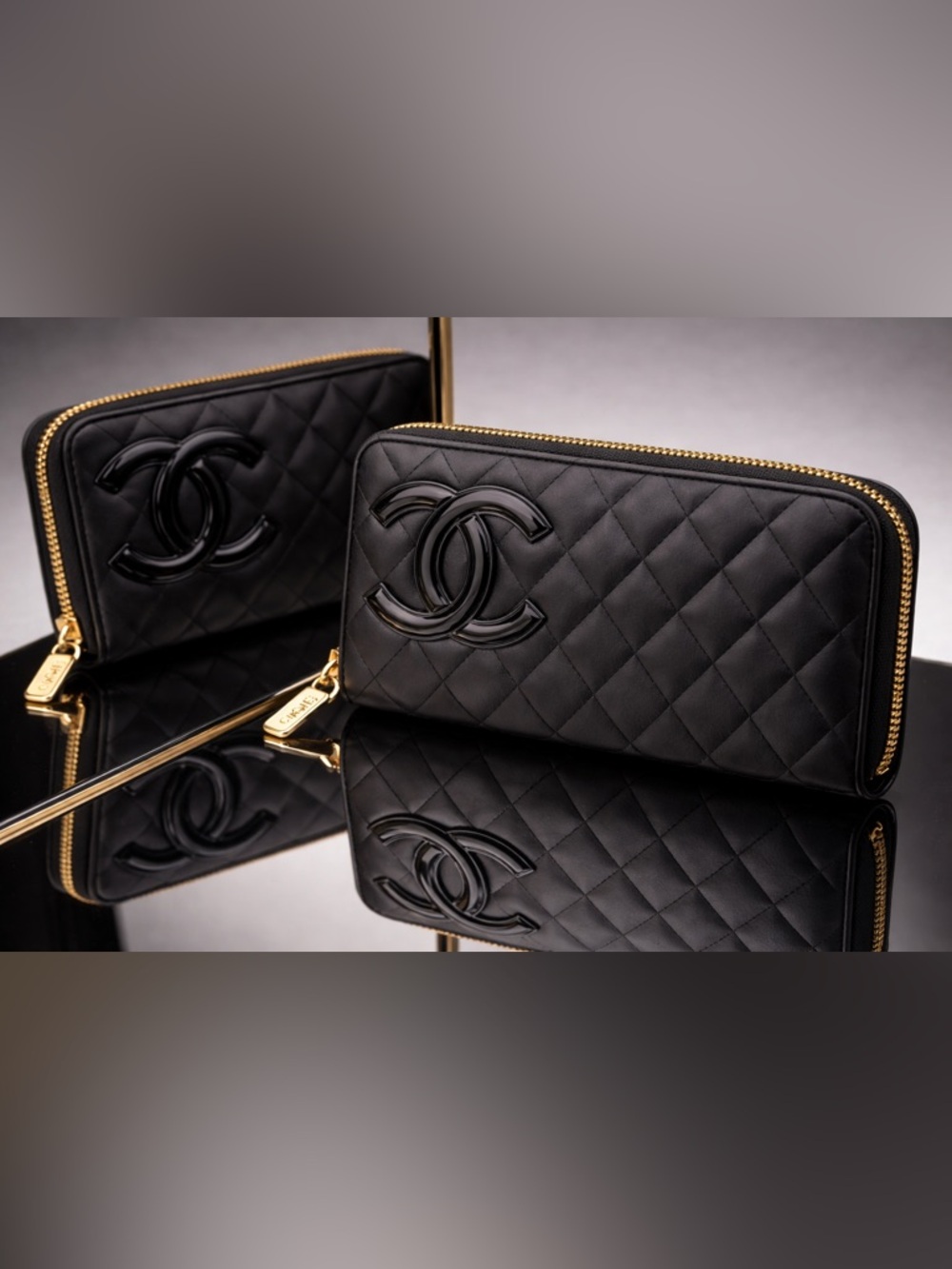 Chanel Cambon Zip Wallet Black Quilted CC Pink Interior WOC Excellent
